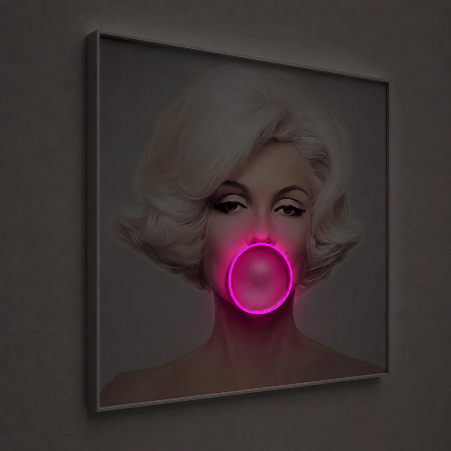 Marilyn Monroe Bubble Gum LED Wall Art – Pink LED Canvas with Bubble Accent