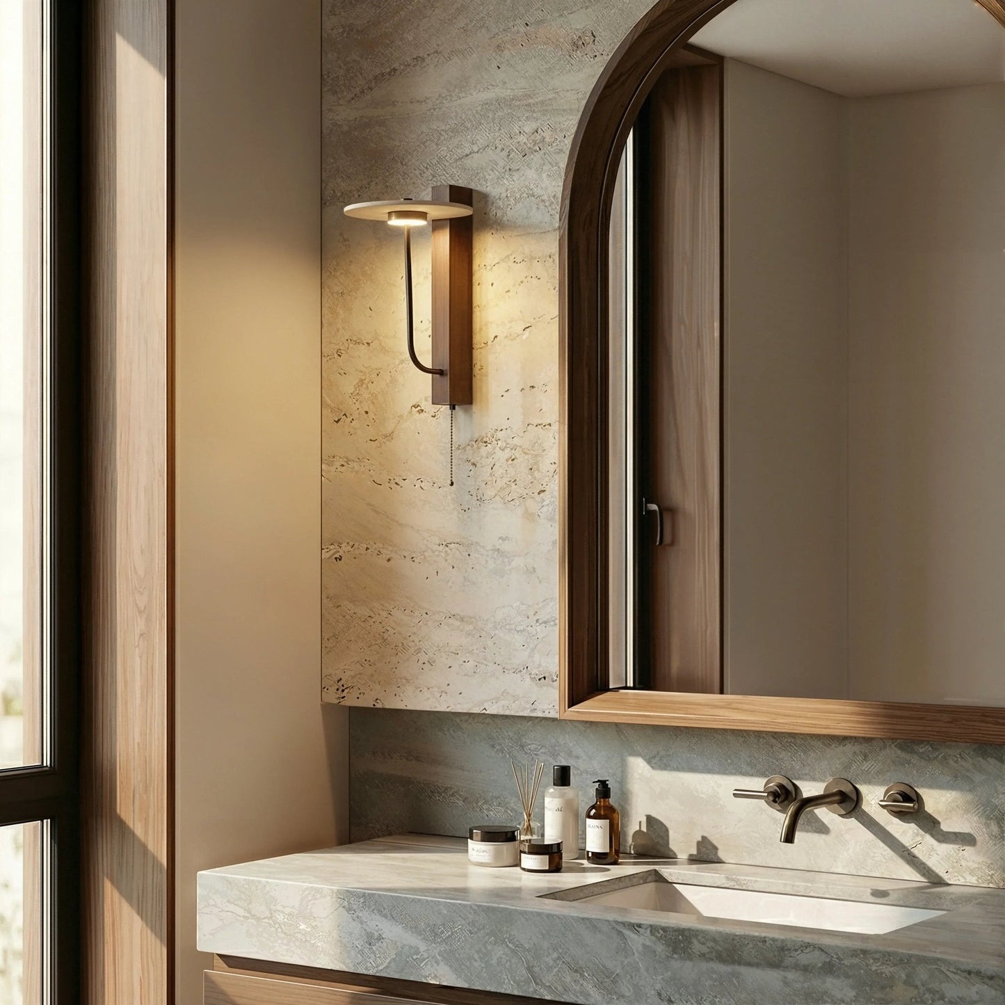 Eclipse Arc Stone Wood Wall Light
