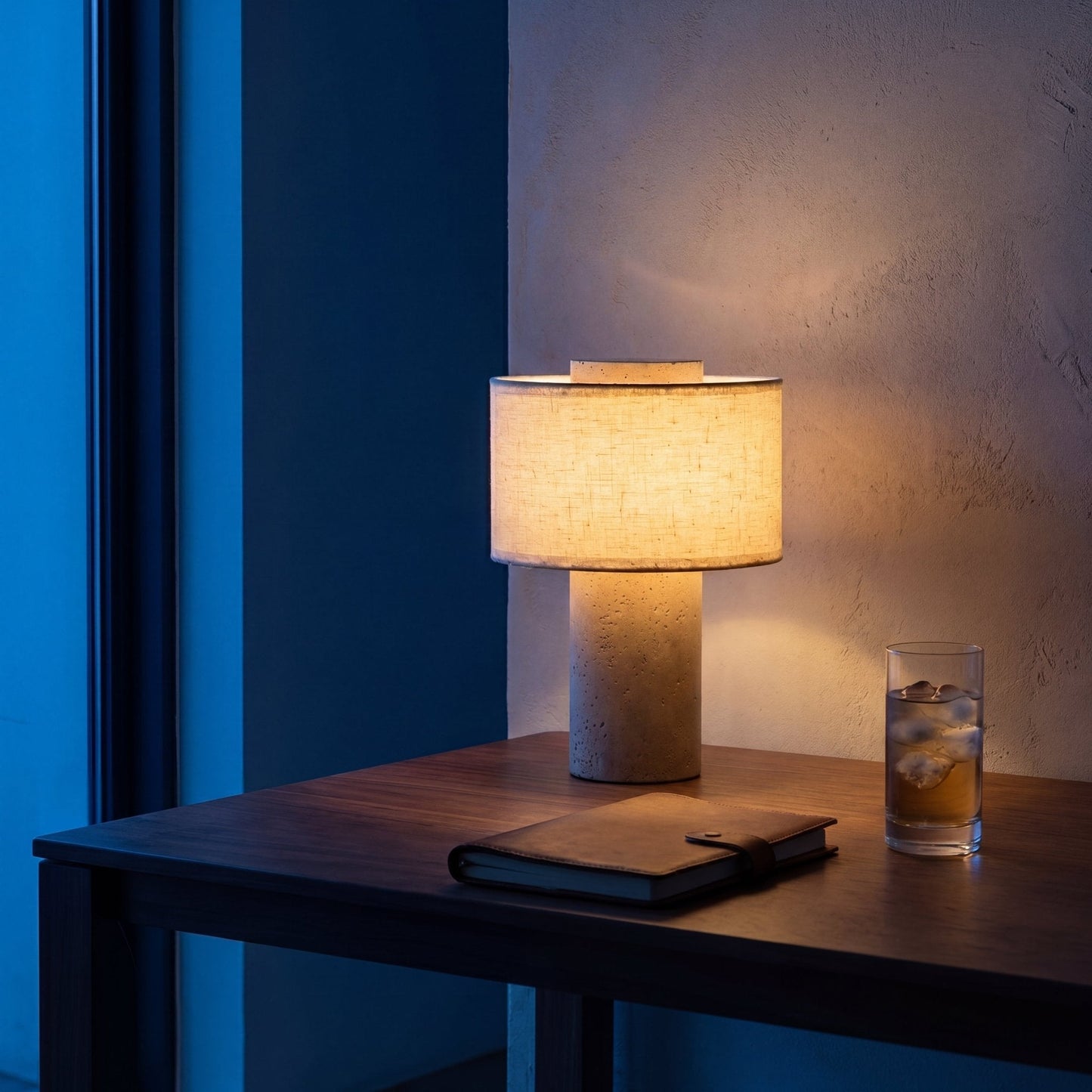 Riva Travertine Linen Table Lamp