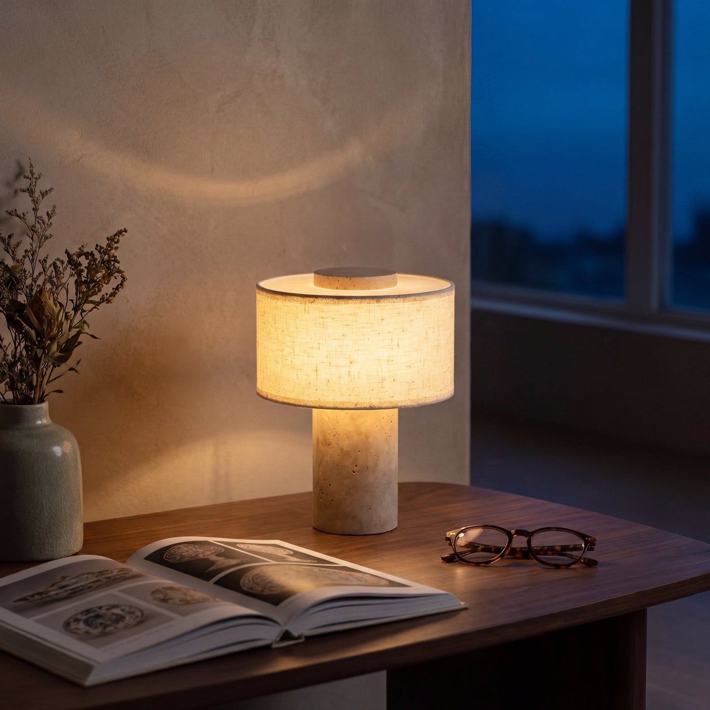 Riva Travertine Linen Table Lamp
