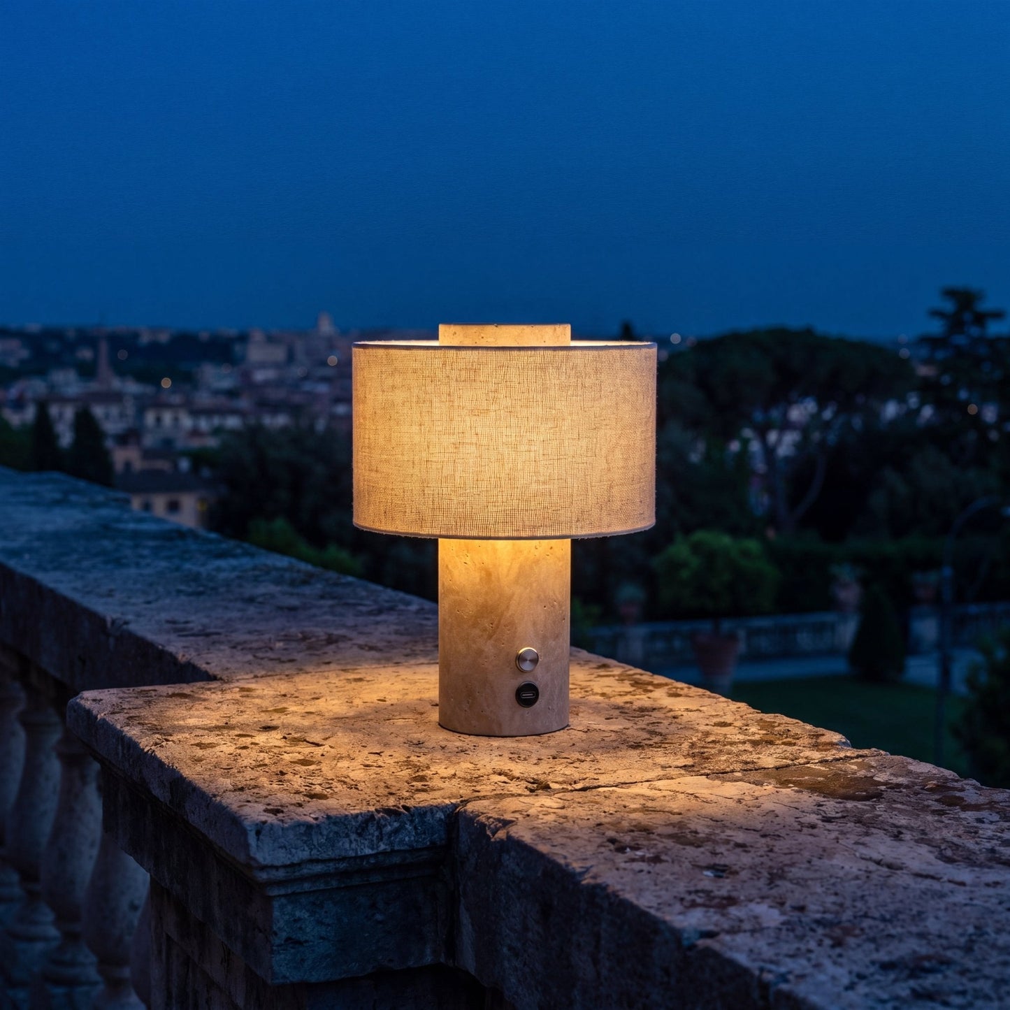 Riva Travertine Linen Table Lamp