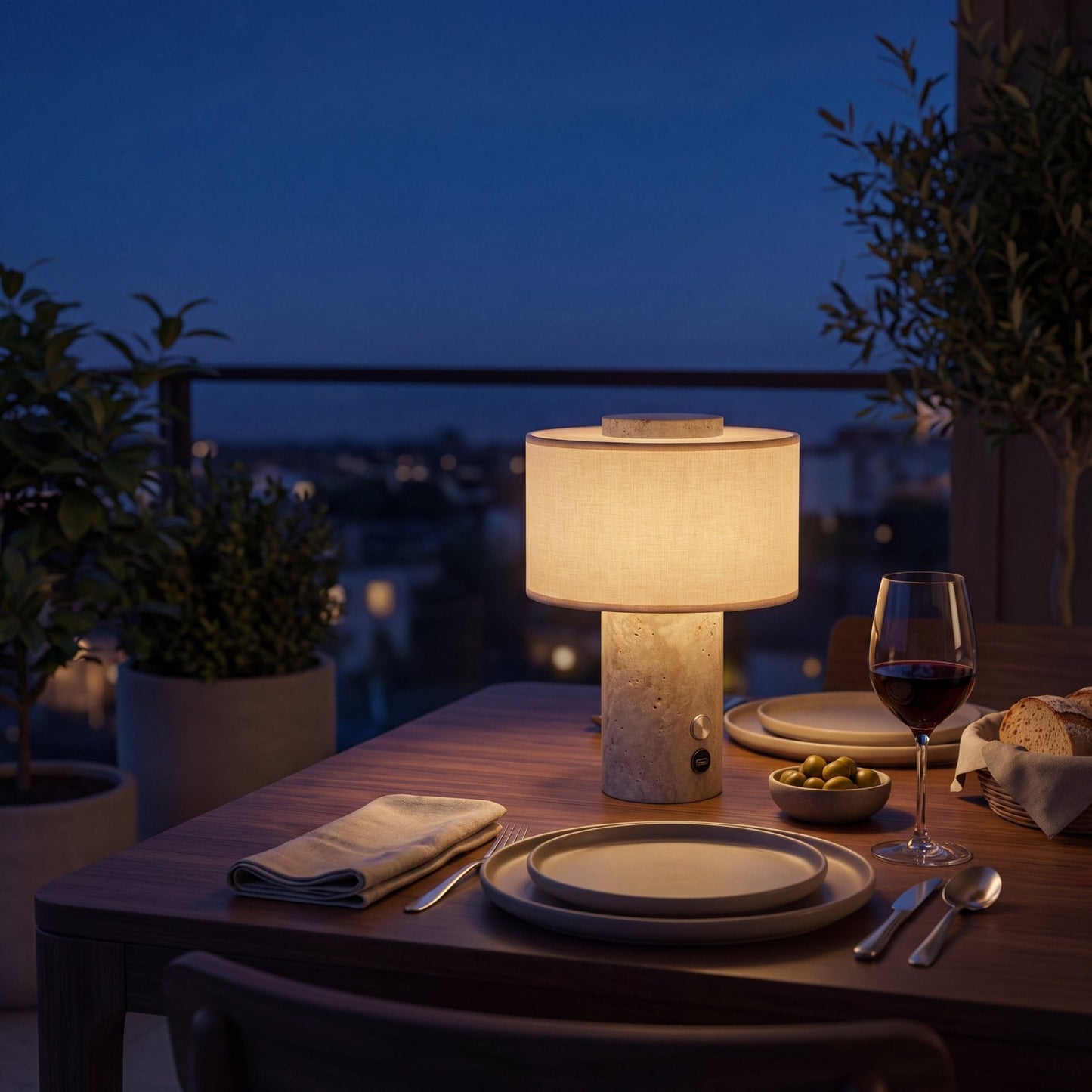 Riva Travertine Linen Table Lamp