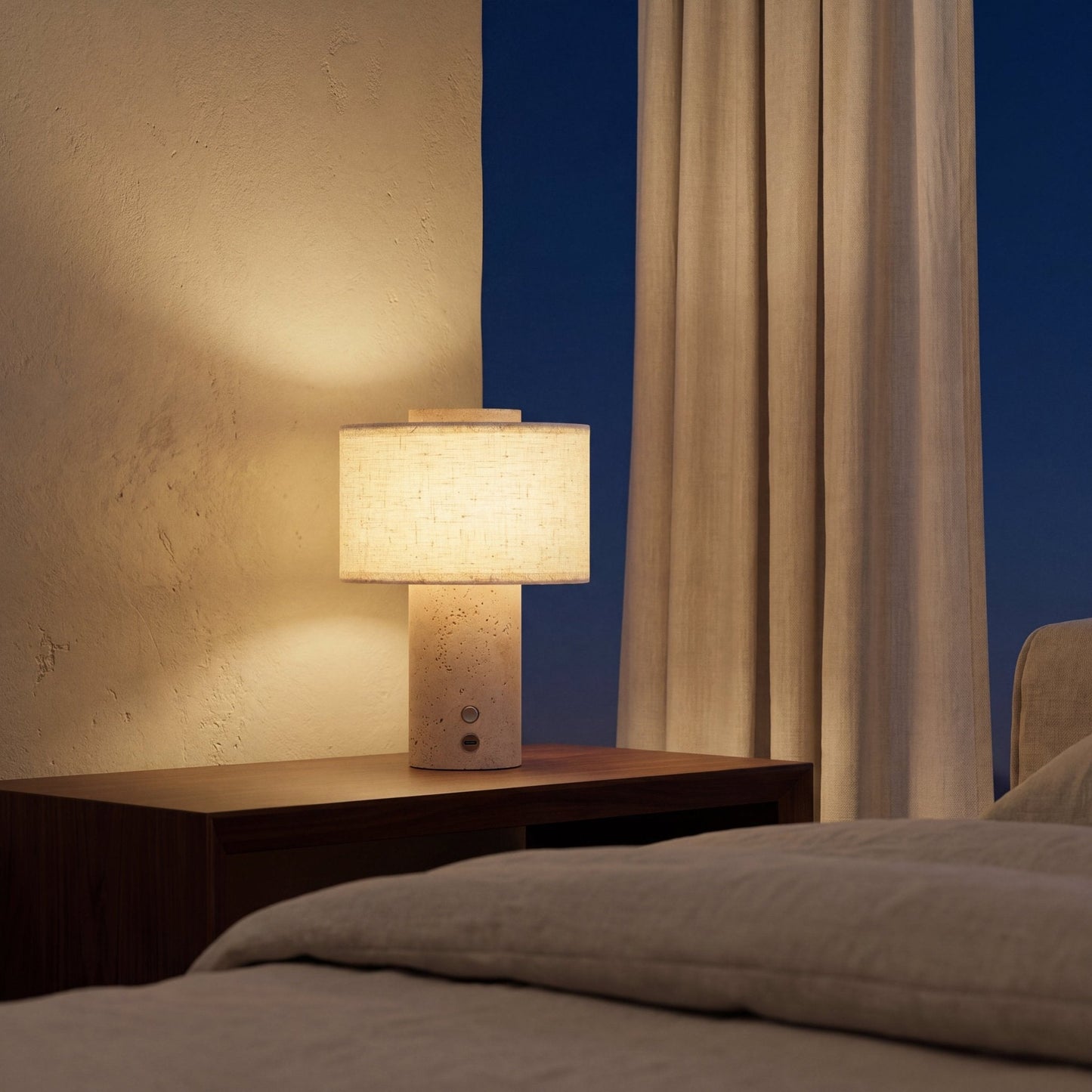 Riva Travertine Linen Table Lamp