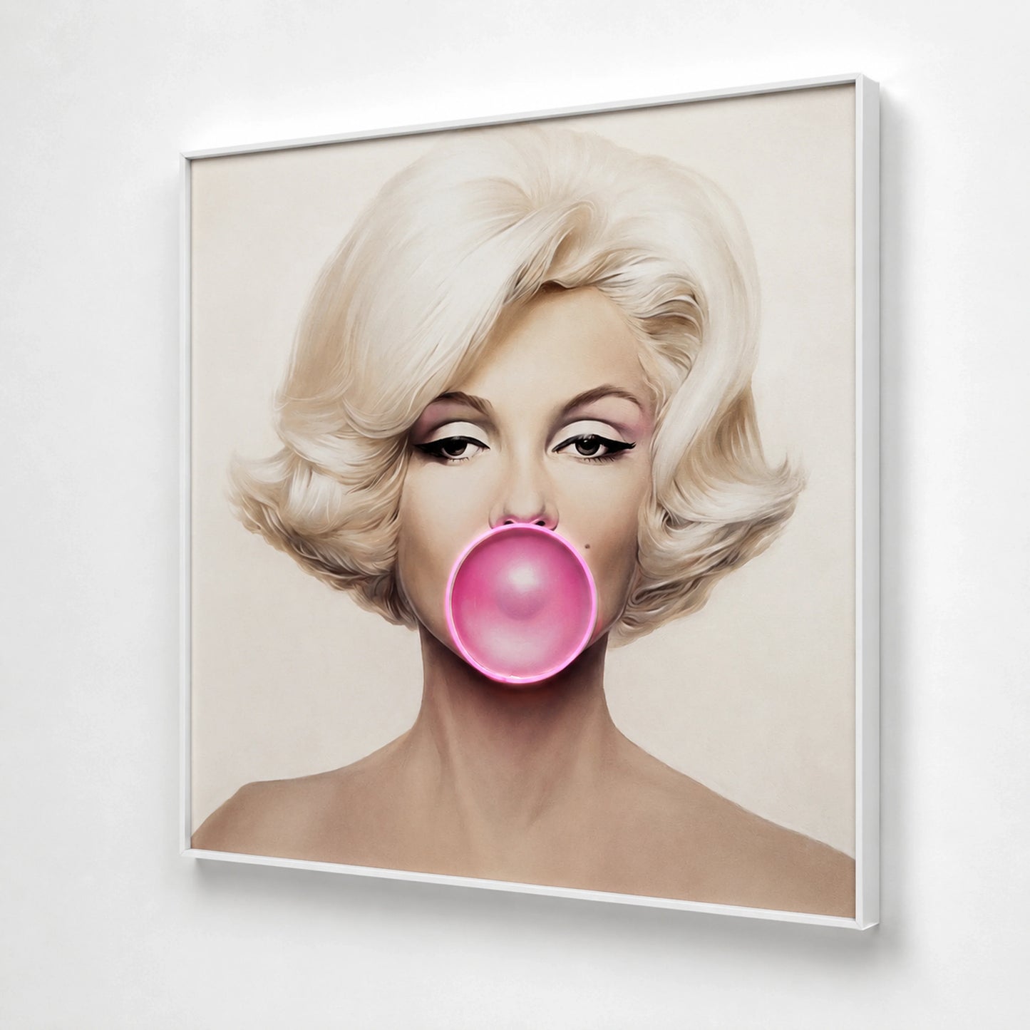 Marilyn Monroe Bubble Gum LED Wall Art – Pink LED Canvas with Bubble Accent