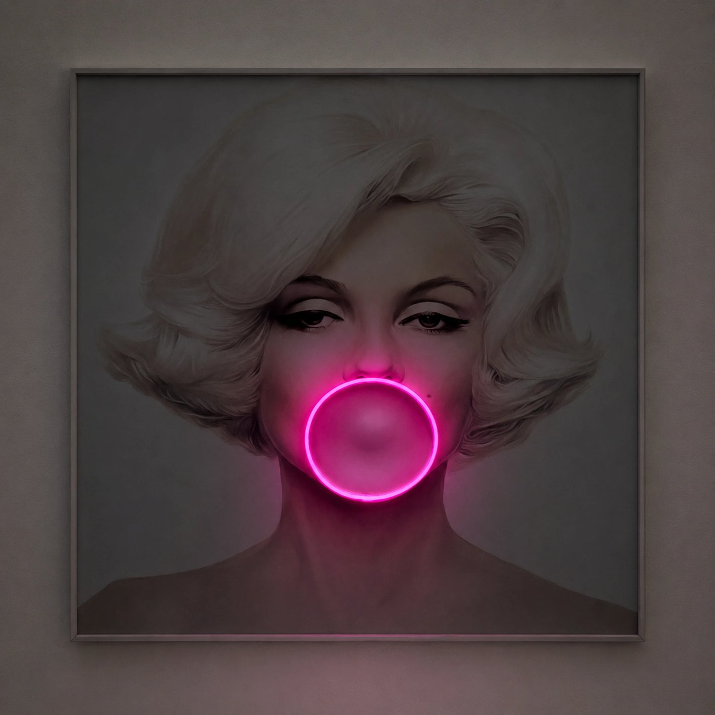 Marilyn Monroe Bubble Gum LED Wall Art – Pink LED Canvas with Bubble Accent