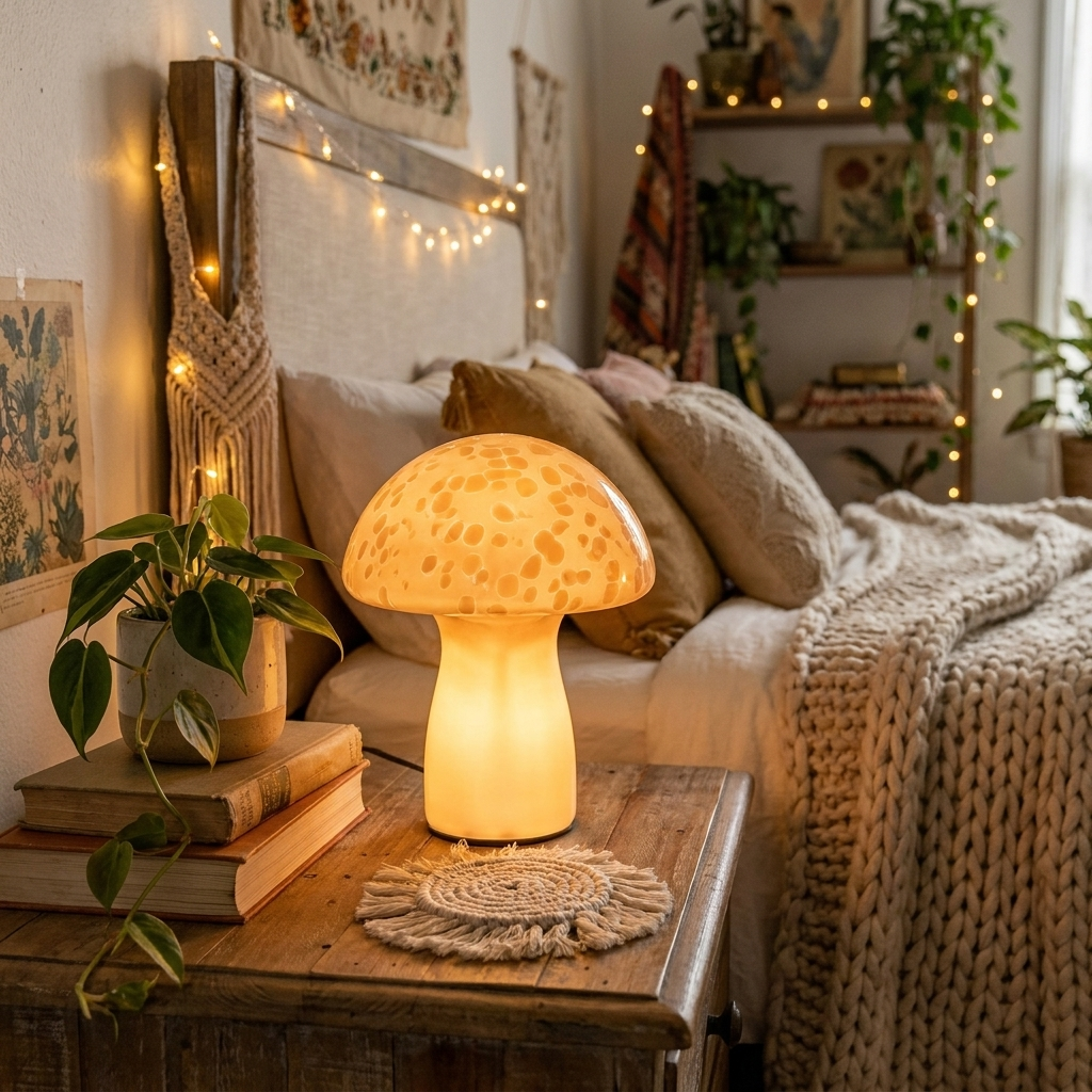 Mellow Mushroom Light on shelf in cozy bedroom lifestyle setting