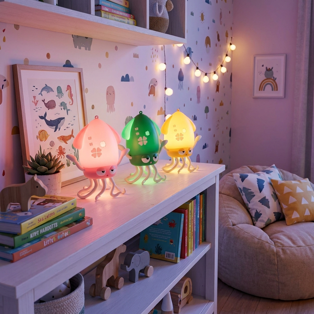 SquiddyGlow lamp on desk in bedroom lifestyle setting