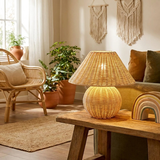 WeaveCraft Table Lamp on side table in bohemian living room lifestyle setting