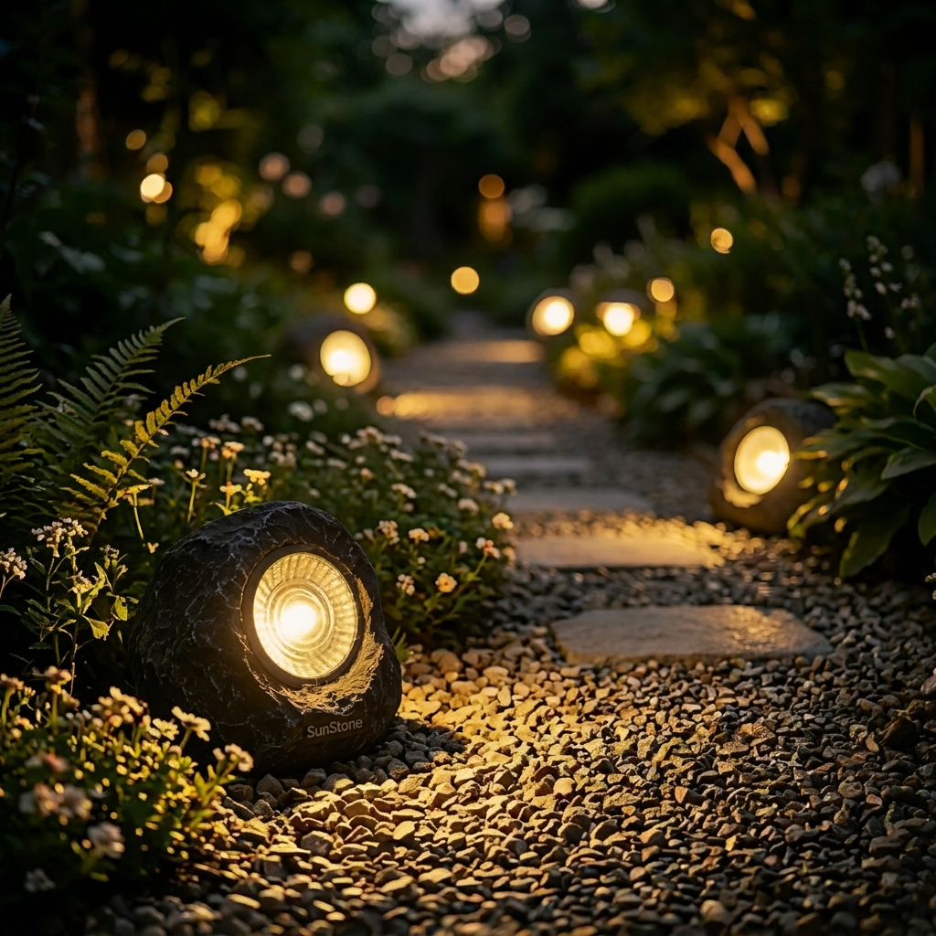SunStone Solar Spotlight in garden pathway at dusk lifestyle setting
