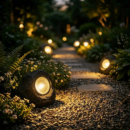 SunStone Solar Spotlight in garden pathway at dusk lifestyle setting