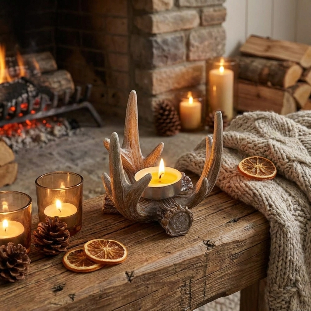 Antler Candle Holder on fireplace mantel rustic lifestyle setting