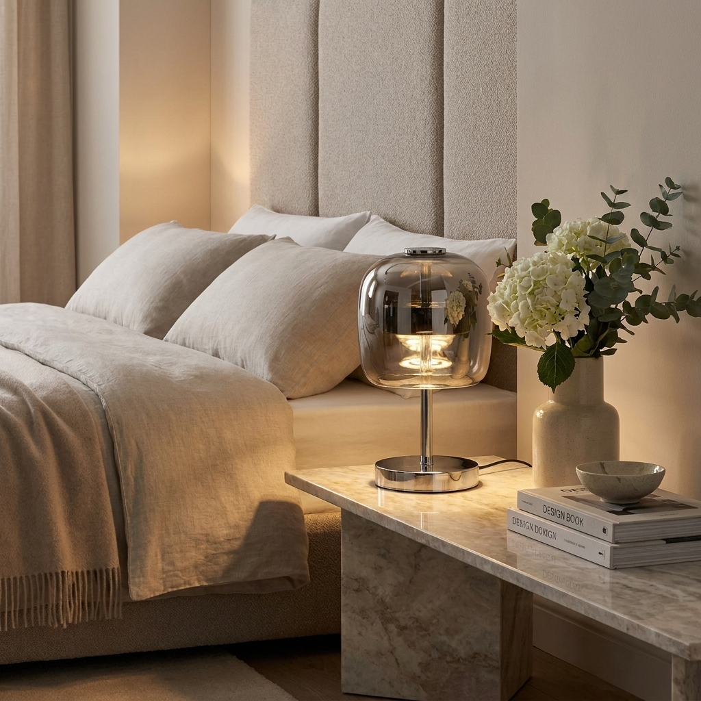 OpalEdge Table Lamp on bedside table in luxurious bedroom lifestyle setting