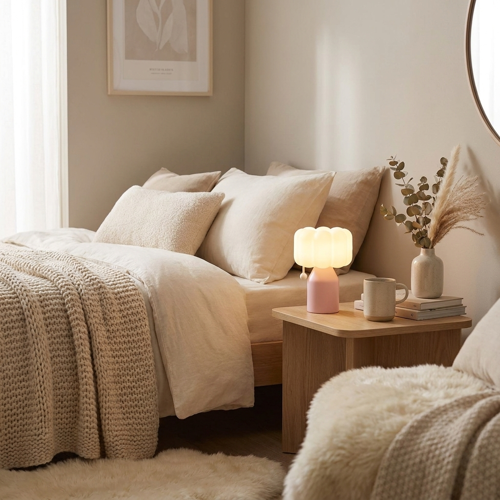 PuffGlow Table Lamp on side table in cozy bedroom lifestyle setting