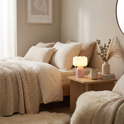 PuffGlow Table Lamp on side table in cozy bedroom lifestyle setting