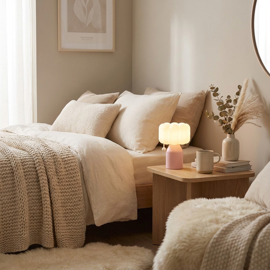 PuffGlow Table Lamp on side table in cozy bedroom lifestyle setting