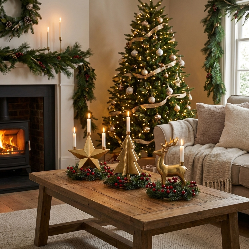 YuleGlow Candle Holder in festive holiday living room lifestyle setting