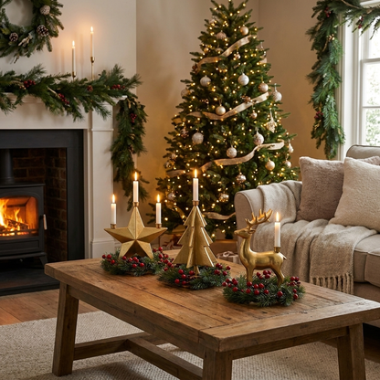 YuleGlow Candle Holder in festive holiday living room lifestyle setting