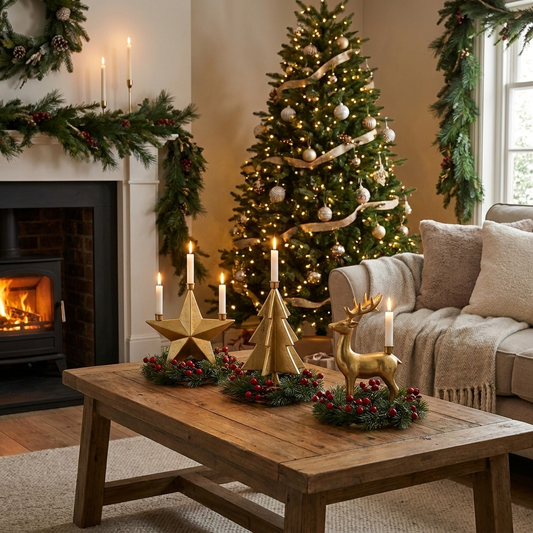 YuleGlow Candle Holder in festive holiday living room lifestyle setting
