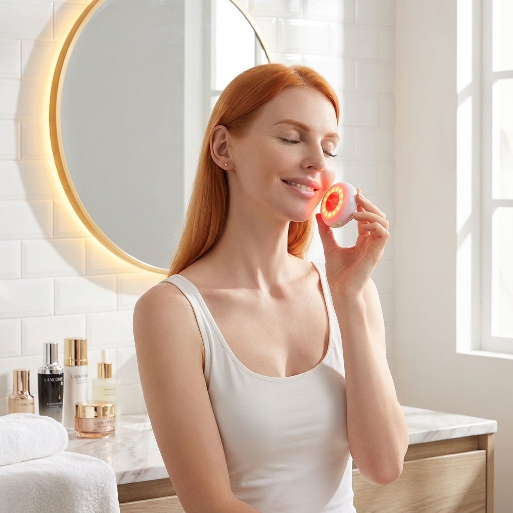 LumaDerm Red Light Therapy Face Pulse in use bathroom lifestyle setting