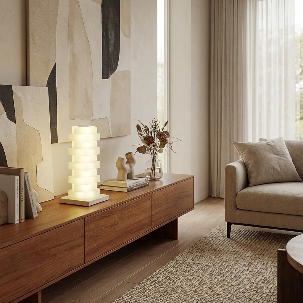 Twistable Pillar of Light on shelf in modern living room lifestyle setting