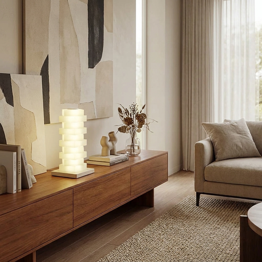 Twistable Pillar of Light on shelf in modern living room lifestyle setting