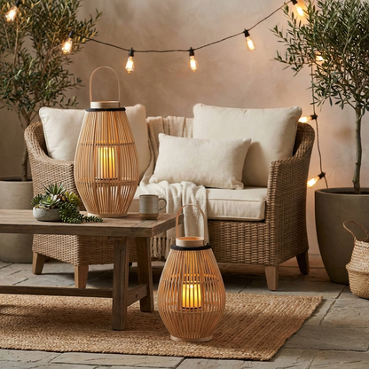 WeaveCraft Bamboo Lantern on patio table outdoor lifestyle setting