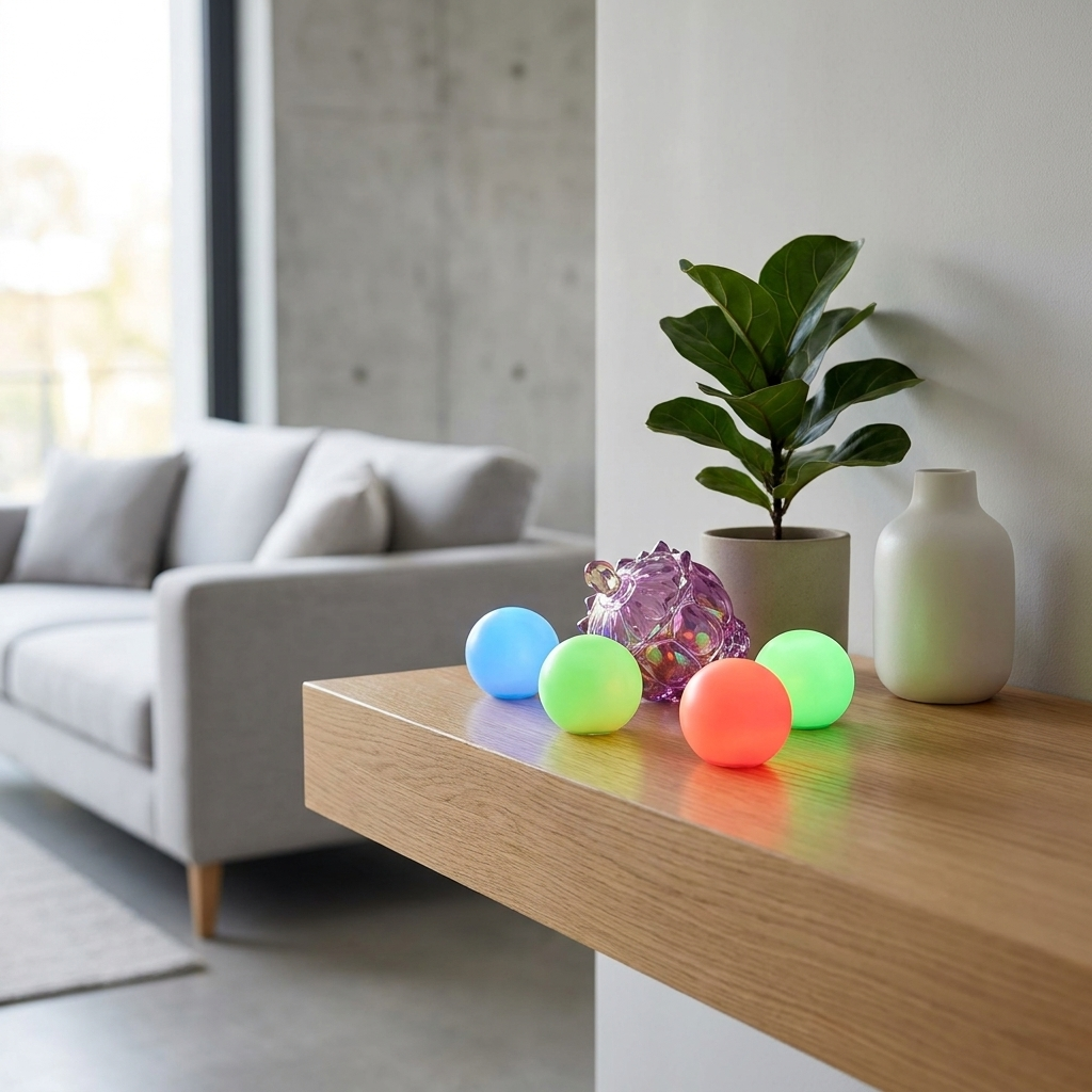 GlowBubbles lamp on shelf in modern living room lifestyle setting
