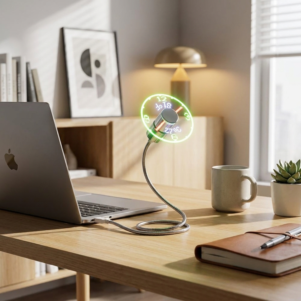 TimeGlow Clock Fan on desk in modern home office lifestyle setting