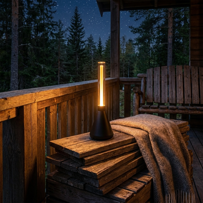 Portable Retro Lantern on camping table outdoor evening lifestyle setting