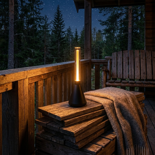 Portable Retro Lantern on camping table outdoor evening lifestyle setting