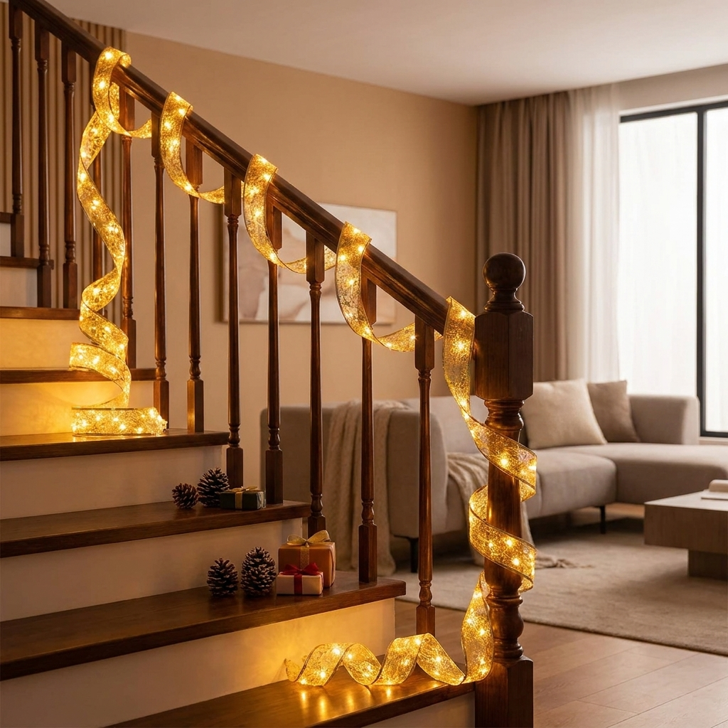 Illuminated Ribbon Light along staircase railing lifestyle setting