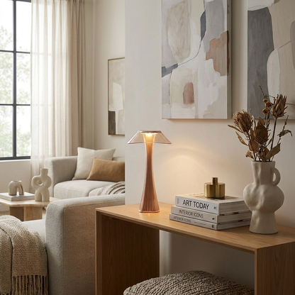 Sculpted Flare Lamp on side table in modern living room lifestyle setting