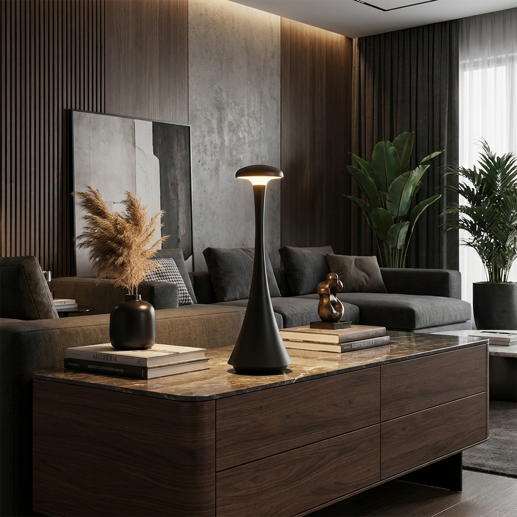 Lumina Spire Lamp on console in sophisticated living room lifestyle setting