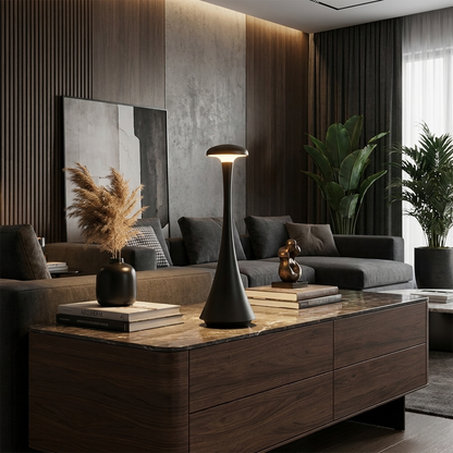 Lumina Spire Lamp on console in sophisticated living room lifestyle setting
