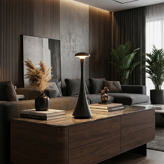 Lumina Spire Lamp on console in sophisticated living room lifestyle setting
