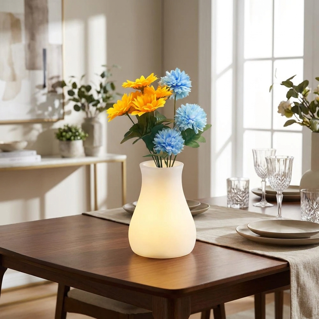 FloraGlow Vase with flowers on dining table lifestyle setting