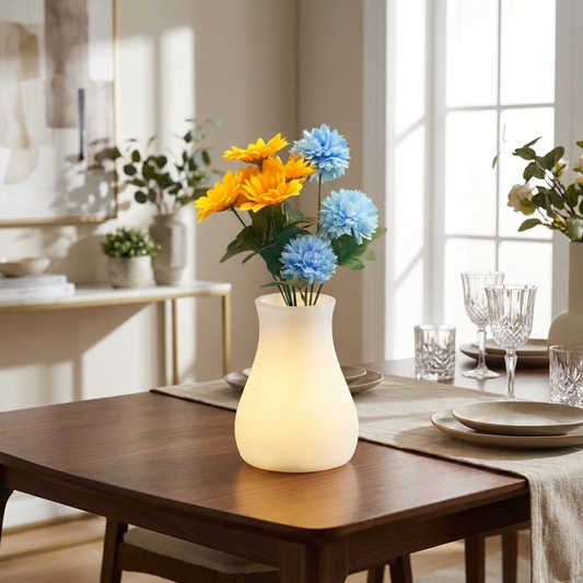 FloraGlow Vase with flowers on dining table lifestyle setting
