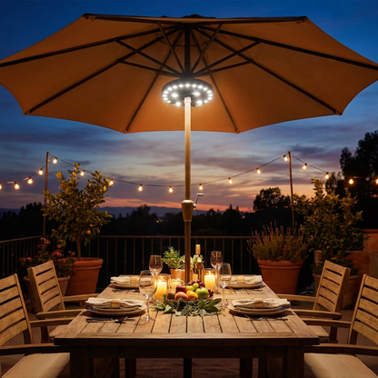 ParasolGlow Patio Umbrella Light illuminating outdoor dining area lifestyle setting