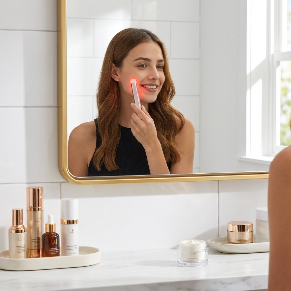 LumaDerm Red Light Therapy Face Wand in use bathroom lifestyle setting