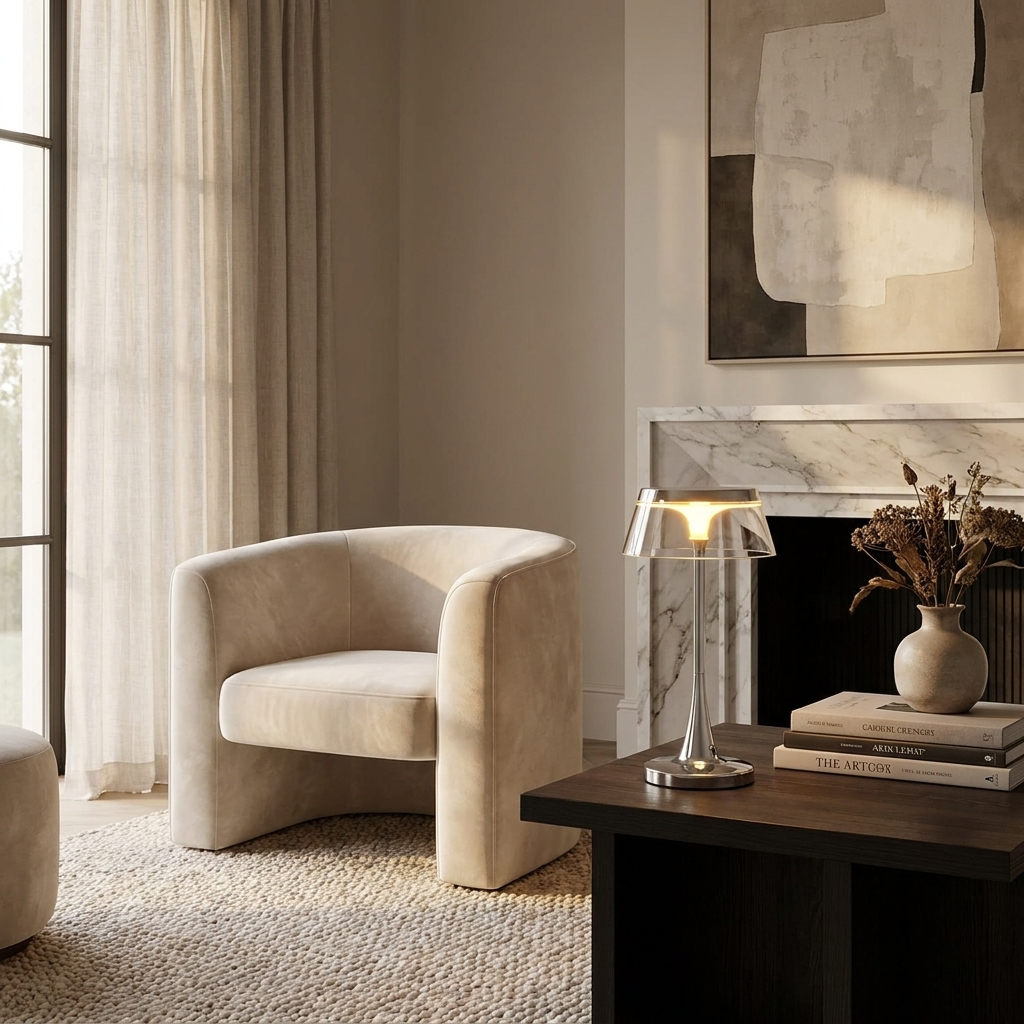 Lustra Table Lamp on side table in elegant living room lifestyle setting
