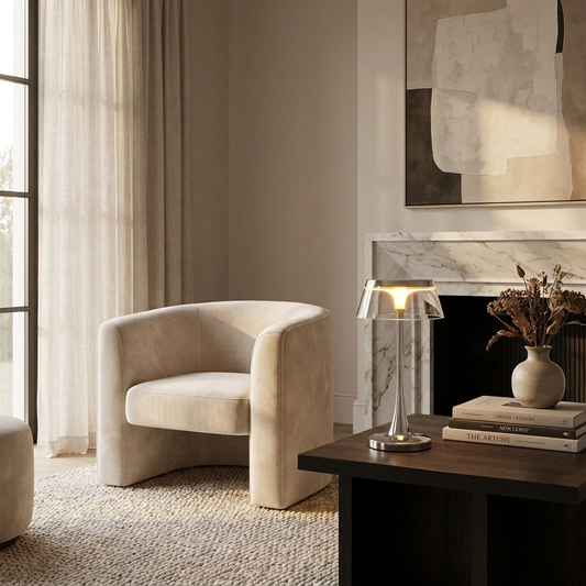 Lustra Table Lamp on side table in elegant living room lifestyle setting