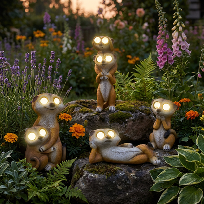 SolarKats Meerkat light figures in garden at dusk lifestyle setting