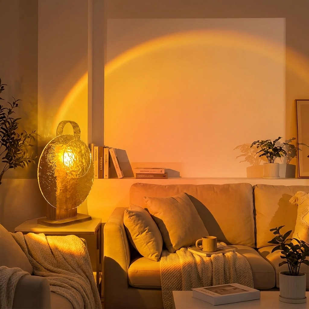Sunset Ambiance Light projecting sunset gradient on living room wall lifestyle setting