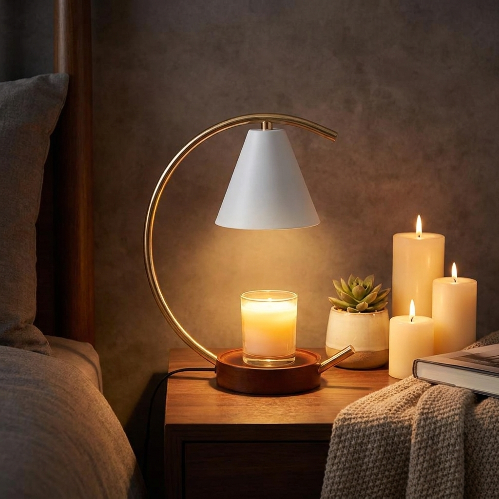 Moonveil Wax Warmer Lamp in cozy bedroom lifestyle setting