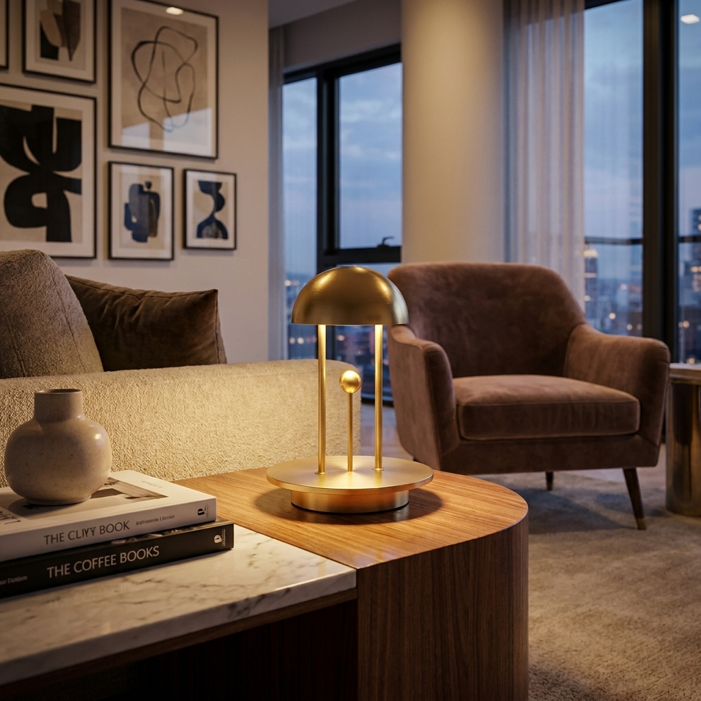Timeless Balance Table Lamp with gold accents in elegant living room lifestyle setting