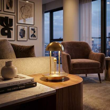 Timeless Balance Table Lamp with gold accents in elegant living room lifestyle setting