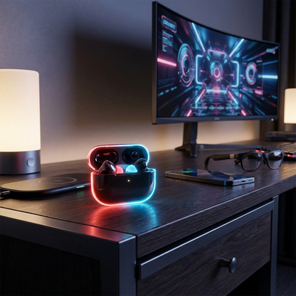NeoGlow Earbuds Case glowing on desk lifestyle setting