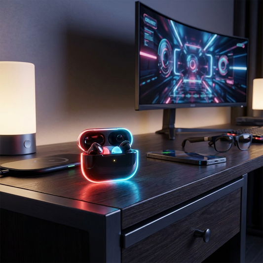 NeoGlow Earbuds Case glowing on desk lifestyle setting