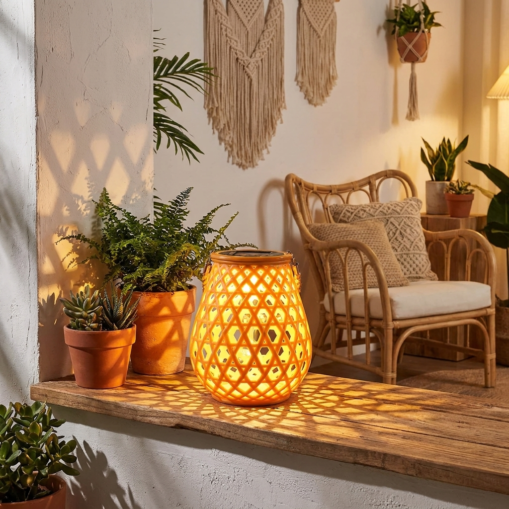 Solara Woven Lantern on patio in bohemian home lifestyle setting