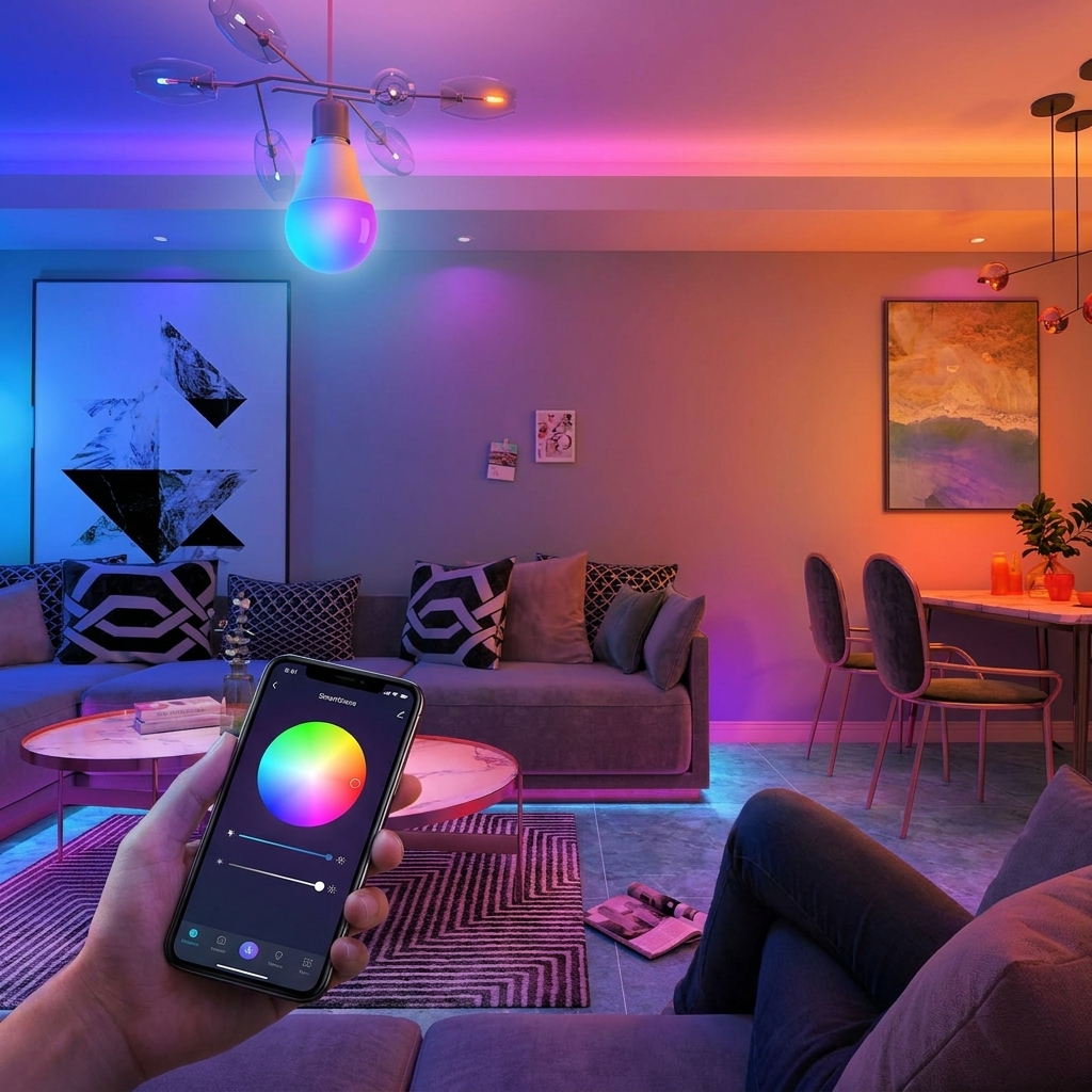 WiFi-Connected Smart Bulb in living room smart home lifestyle setting